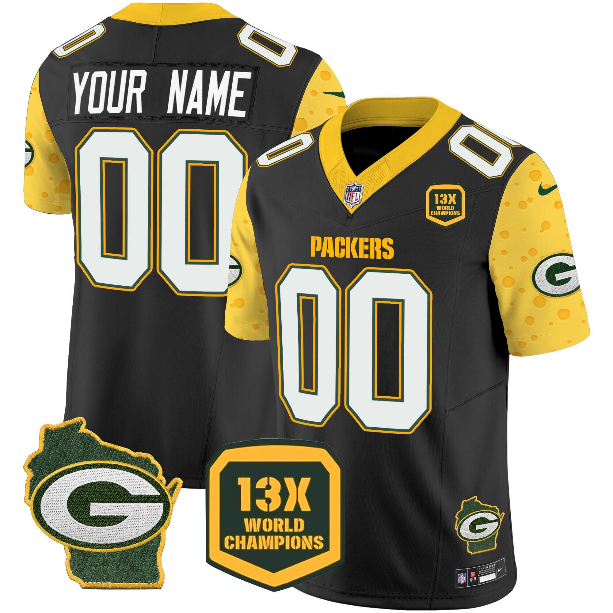 Men's Green Bay Packers ACTIVE PLAYER Custom Cheese Black 2024 F.U.S.E. Home Patch 13 Time World Champions Vapor Untouchable Limited Stitched Football Jersey